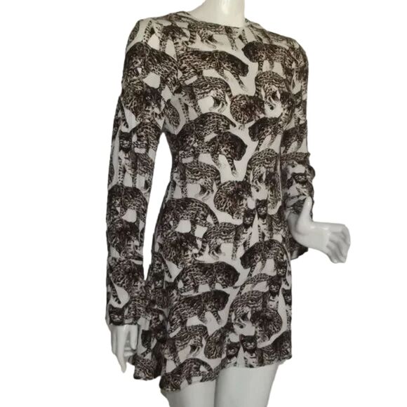 H&M Mini Dress, 4, Wild Cats, White/Brown, Long sleeves, big keyhole back - Picture 3 of 15